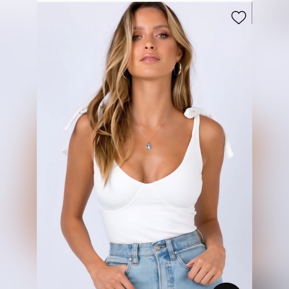 Princess Polly White Ribbed Tie Shoulder Bodysuit Size 4 | Festival